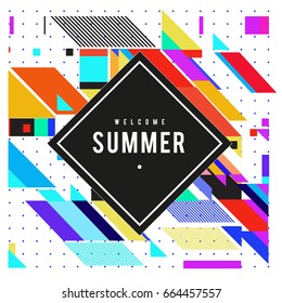 Trendy flat geometric vector banners. Vivid colorful banners in retro poster design style. Vintage colors and shapes Summer holiday theme.