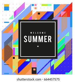 Trendy flat geometric vector banners. Vivid colorful banners in retro poster design style. Vintage colors and shapes Summer holiday theme.