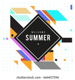 Trendy flat geometric vector banners. Vivid colorful banners in retro poster design style. Vintage colors and shapes Summer holiday theme.
