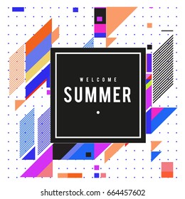 Trendy flat geometric vector banners. Vivid colorful banners in retro poster design style. Vintage colors and shapes Summer holiday theme.