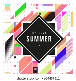 Trendy flat geometric vector banners. Vivid colorful banners in retro poster design style. Vintage colors and shapes Summer holiday theme.