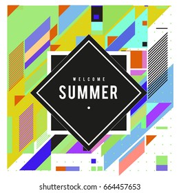 Trendy flat geometric vector banners. Vivid colorful banners in retro poster design style. Vintage colors and shapes Summer holiday theme.