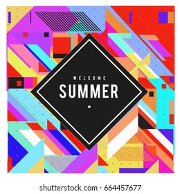 Trendy flat geometric vector banners. Vivid colorful banners in retro poster design style. Vintage colors and shapes Summer holiday theme.