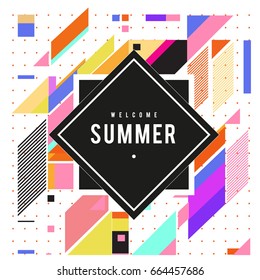 Trendy flat geometric vector banners. Vivid colorful banners in retro poster design style. Vintage colors and shapes Summer holiday theme.