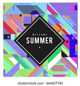 Trendy flat geometric vector banners. Vivid colorful banners in retro poster design style. Vintage colors and shapes Summer holiday theme.