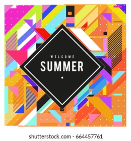 Trendy flat geometric vector banners. Vivid colorful banners in retro poster design style. Vintage colors and shapes Summer holiday theme.