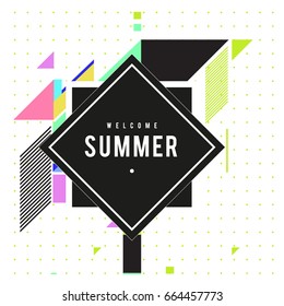 Trendy flat geometric vector banners. Vivid colorful banners in retro poster design style. Vintage colors and shapes Summer holiday theme.