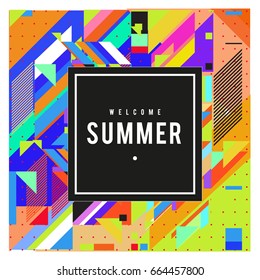 Trendy flat geometric vector banners. Vivid colorful banners in retro poster design style. Vintage colors and shapes Summer holiday theme.