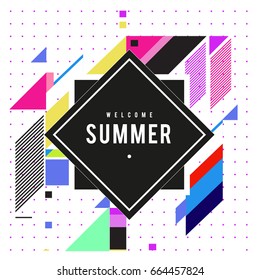 Trendy flat geometric vector banners. Vivid colorful banners in retro poster design style. Vintage colors and shapes Summer holiday theme.
