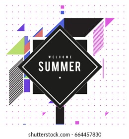 Trendy flat geometric vector banners. Vivid colorful banners in retro poster design style. Vintage colors and shapes Summer holiday theme.