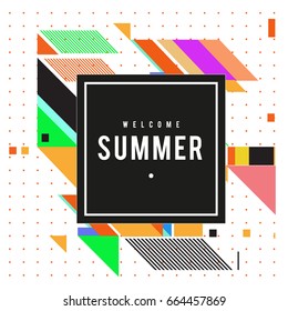 Trendy flat geometric vector banners. Vivid colorful banners in retro poster design style. Vintage colors and shapes Summer holiday theme.