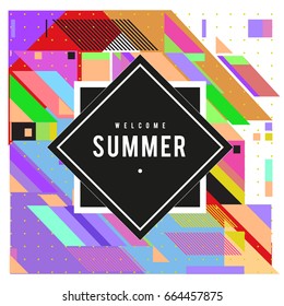 Trendy flat geometric vector banners. Vivid colorful banners in retro poster design style. Vintage colors and shapes Summer holiday theme.