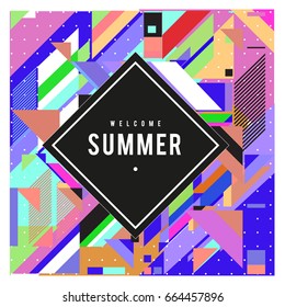 Trendy flat geometric vector banners. Vivid colorful banners in retro poster design style. Vintage colors and shapes Summer holiday theme.