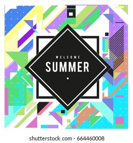 
Trendy flat geometric vector banners. Vivid colorful banners in retro poster design style. Vintage colors and shapes Summer holiday theme.
