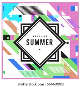 
Trendy flat geometric vector banners. Vivid colorful banners in retro poster design style. Vintage colors and shapes Summer holiday theme.
