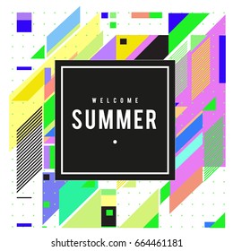 Trendy flat geometric vector banners. Vivid colorful banners in retro poster design style. Vintage colors and shapes Summer holiday theme.
