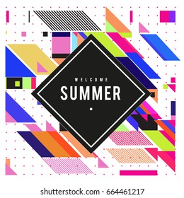 Trendy flat geometric vector banners. Vivid colorful banners in retro poster design style. Vintage colors and shapes Summer holiday theme.
