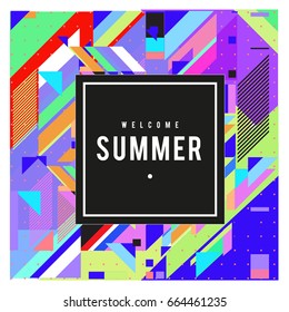 Trendy flat geometric vector banners. Vivid colorful banners in retro poster design style. Vintage colors and shapes Summer holiday theme.
