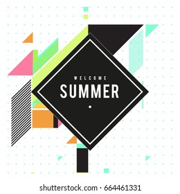 Trendy flat geometric vector banners. Vivid colorful banners in retro poster design style. Vintage colors and shapes Summer holiday theme.
