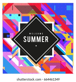 Trendy flat geometric vector banners. Vivid colorful banners in retro poster design style. Vintage colors and shapes Summer holiday theme.
