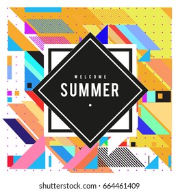 Trendy flat geometric vector banners. Vivid colorful banners in retro poster design style. Vintage colors and shapes Summer holiday theme.
