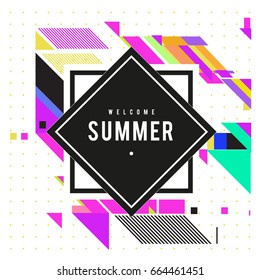 Trendy flat geometric vector banners. Vivid colorful banners in retro poster design style. Vintage colors and shapes Summer holiday theme.
