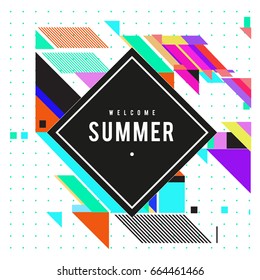 Trendy flat geometric vector banners. Vivid colorful banners in retro poster design style. Vintage colors and shapes Summer holiday theme.
