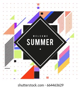 Trendy flat geometric vector banners. Vivid colorful banners in retro poster design style. Vintage colors and shapes Summer holiday theme.