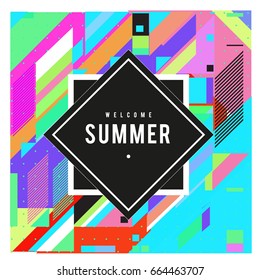 Trendy flat geometric vector banners. Vivid colorful banners in retro poster design style. Vintage colors and shapes Summer holiday theme.