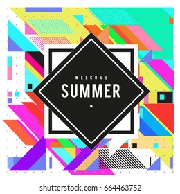 Trendy flat geometric vector banners. Vivid colorful banners in retro poster design style. Vintage colors and shapes Summer holiday theme.
