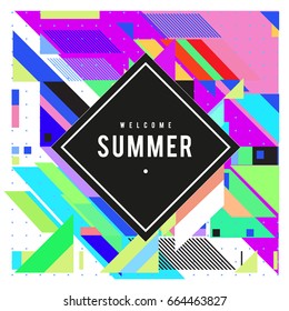 Trendy flat geometric vector banners. Vivid colorful banners in retro poster design style. Vintage colors and shapes Summer holiday theme.