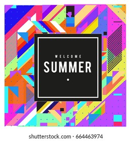 Trendy flat geometric vector banners. Vivid colorful banners in retro poster design style. Vintage colors and shapes Summer holiday theme.