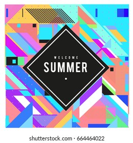 Trendy flat geometric vector banners. Vivid colorful banners in retro poster design style. Vintage colors and shapes Summer holiday theme.