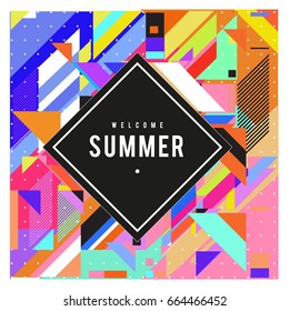 Trendy flat geometric vector banners. Vivid colorful banners in retro poster design style. Vintage colors and shapes Summer holiday theme.