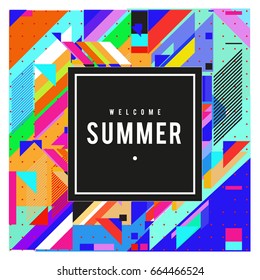 Trendy flat geometric vector banners. Vivid colorful banners in retro poster design style. Vintage colors and shapes Summer holiday theme.