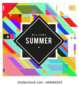 Trendy flat geometric vector banners. Vivid colorful banners in retro poster design style. Vintage colors and shapes Summer holiday theme.