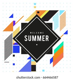 Trendy flat geometric vector banners. Vivid colorful banners in retro poster design style. Vintage colors and shapes Summer holiday theme.