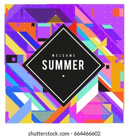 Trendy flat geometric vector banners. Vivid colorful banners in retro poster design style. Vintage colors and shapes Summer holiday theme.