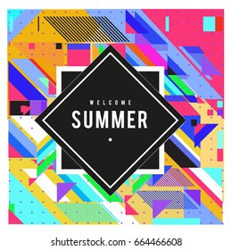 Trendy flat geometric vector banners. Vivid colorful banners in retro poster design style. Vintage colors and shapes Summer holiday theme.