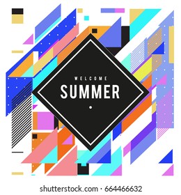 Trendy flat geometric vector banners. Vivid colorful banners in retro poster design style. Vintage colors and shapes Summer holiday theme.