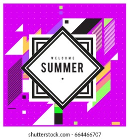 Trendy flat geometric vector banners. Vivid colorful banners in retro poster design style. Vintage colors and shapes Summer holiday theme.