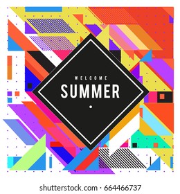 Trendy flat geometric vector banners. Vivid colorful banners in retro poster design style. Vintage colors and shapes Summer holiday theme.