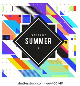 Trendy flat geometric vector banners. Vivid colorful banners in retro poster design style. Vintage colors and shapes Summer holiday theme.