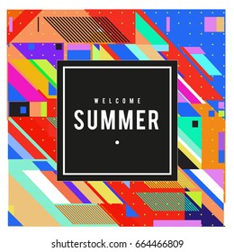 Trendy flat geometric vector banners. Vivid colorful banners in retro poster design style. Vintage colors and shapes Summer holiday theme.