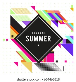 Trendy flat geometric vector banners. Vivid colorful banners in retro poster design style. Vintage colors and shapes Summer holiday theme.