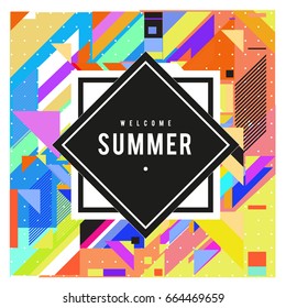 Trendy flat geometric vector banners. Vivid colorful banners in retro poster design style. Vintage colors and shapes Summer holiday theme.