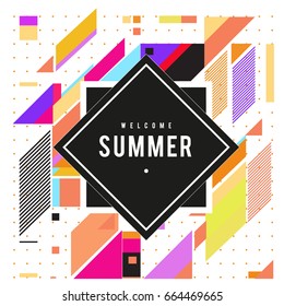 Trendy flat geometric vector banners. Vivid colorful banners in retro poster design style. Vintage colors and shapes Summer holiday theme.
