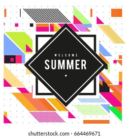 Trendy flat geometric vector banners. Vivid colorful banners in retro poster design style. Vintage colors and shapes Summer holiday theme.