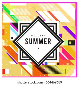 Trendy flat geometric vector banners. Vivid colorful banners in retro poster design style. Vintage colors and shapes Summer holiday theme.