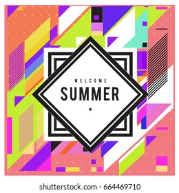 Trendy flat geometric vector banners. Vivid colorful banners in retro poster design style. Vintage colors and shapes Summer holiday theme.